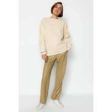 Kadın Bej Oversize Kalın Üç Iplik Şardonlu Bisiklet Yaka Basic Sweatshirt