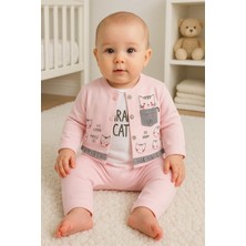 İsmiyle Al Kedi Desenli 3'lü Hırkalı Kız Bebek Takım