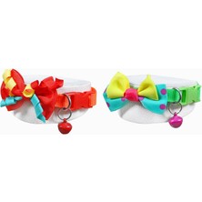 Hepta Collection X-Perk Neon Kumaş Papyonlu Zilli Kedi Köpek Tasması Boyun Tasma Ayarlı 2'li Set