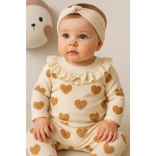 İsmiyle Al Kalp Baskılı Fisto Yaka 3 Parça Kız Bebek Takımı %100 Pamuk