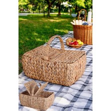 Delixa El Yapımı Su Sümbülü Kapaklı Büyük Boy Hasır Örme Piknik Sepeti Dikdörtgen - 46X30CM - 20-36CM