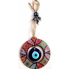 Delixa Ahşap Mandala Desenli Ortası Cam Nazar Boncuklu Kapı, Duvar ve Bahçe Süsü Nazarlık