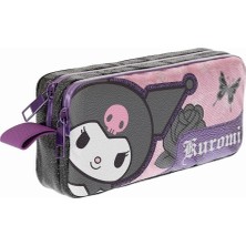 Delixa Wiggle Kuromi Temalı Lisanslı Mat Okul Kalem Çift Bölmeli Çocuk Bez Kalem Çantası (Siyah-Pembe)