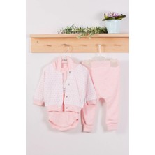 İsmiyle Al Puan Desenli Kapişonlu % 100 Pamuk 3'lü Kız Bebek Takım