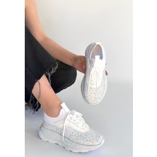 Zerenyus ZRNE-007 Premium Beyaz Boncuk Işlemeli Kadın Sneaker