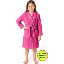 Layvera Çocuk Bornoz | %100 Pamuklu-Fuşya-Yumuşak Doku-Kapüşonlu-Cepli-Biyeli