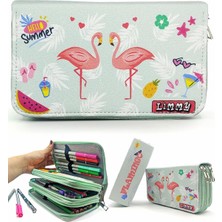 Hype Store Limmy Ikili Flamingo Desenli Modelist Kalem Kalemkutu Vegan Deri Üç Bölmeli Kalemlik - Yeşil