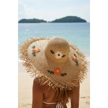 Fashion Cocktail Çiçekli Işlemeli Kenarları Püsküllü Doğal Yazlık Güneşlik Hasır Kadın Şapka