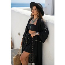 Fashion Cocktail Kuşgözü Ilmek Şerit Detaylı Püsküllü Bilekte Uzun Maxi Bohem Boho Plaj Tatil Doğal Kimono Kaftan
