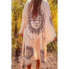 Fashion Cocktail Karakalem Astroloji Güneş Desenli Kemerli Püsküllü Doğal Kumaşlı Bohem Sahil Kimono Kaftan Bej