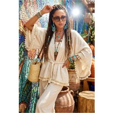 Fashion Cocktail Kalın Denizci Halat Kemerli Ponponlu Geniş Ispanyol Flair Kol Doğal Keten Bohem Kaftan Kimono