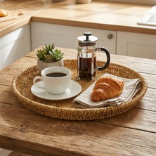 Norino Buffer® 35 cm Plastik Rattan Tepsi – Hasır Görünümlü Dekoratif Servis Tepsisi, Mutfak, Kahvaltı, Sunum ve Masaüstü Çok Amaçlı Organizer