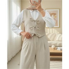 Modamorfo Önü Bağlamalı Yelek Pantolon Kadife Takım  -Bej