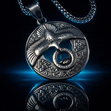 Antik Gümüş Paslanmaz Çelik Norse Tasarım Viking Kuzgun & Valknut  Kolye