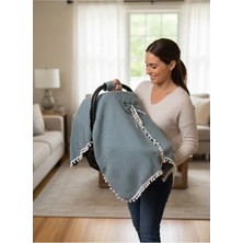 Bebeciden Örgülü Keten Puset Örtüsü - Yeşil Renk Ponponlu Bebek Taşıma Örtüsü