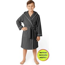 Layvera Çocuk Bornoz 5-6 Yaş | %100 Pamuklu-Antrasit-Yumuşak Doku-Kapüşonlu-Cepli-Biyeli