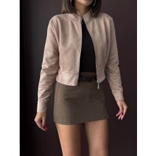 Sun Style Boydan Fermuarlı, Kol Düğmeli Süet Crop Model Ceket