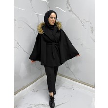 Modarte Kadın Kürklü Panço Standart Beden Siyah – Kışlık Şık