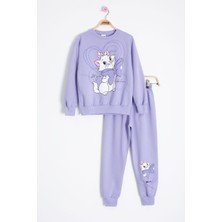 Cansın Mini Lila Sevimli Kedi Baskılı Kız Çocuk Eşofman Takımı 22760