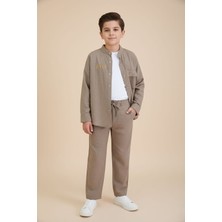Cansın Mini Kahverengi Keten Gömlekli Pantolonlu Erkek Çocuk 3lü Alt Üst Takım  23574