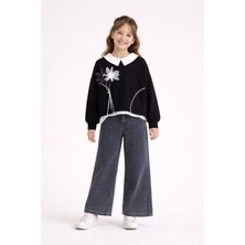 Cansın Mini Siyah Çiçek Detaylı Badili Gömlekli Kız Çocuk 3lü Alt Üst Takım 23529