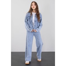 Cansın Mini Mavi Taş Detaylı Düğmeli Ceketli Pantolonlu Kız Çocuk Jean Takım 23467