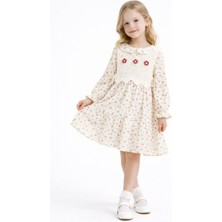 Cansın Mini Kırmızı Çiçek Desenli Nakışlı Süveterli Kız Çocuk Müslin Elbise  23578