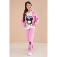 Cansın Mini Pembe Cep Detaylı Ceketli Baskılı Tişörtlü Kız Çocuk 3lü Pantolonlu Takım 23589