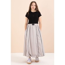 Cansın Mini Kahverengi Çizgili Balon Etekli Kısa Kol Badili 2li Kız Çocuk Takım 23462