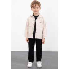 Cansın Mini Krem Yazılı Düğmeli Gömlekli Erkek Çocuk Pantolonlu 3lü Takım  23370