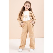 Cansın Mini Kahverengi Taşlı Yıldız Nakışlı Jean Ceketli 3lü Pantolonlu Kız Takım 23436