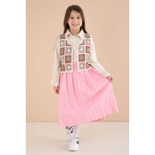 Cansın Mini Pembe Çiçek Desen Örgü Süveterli Gömlekli Kız Çocuk Etekli 3lü Takım  23581