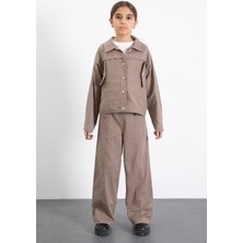 Cansın Mini Kahverengi Düğme Detaylı Keten Gömlekli Pantolonlu Kız Çocuk 2li Takım 23517