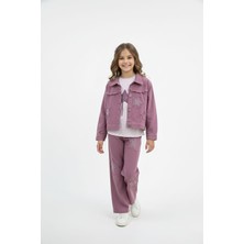 Cansın Mini Gül Kurusu Taşlı Yıldız Nakışlı Jean Ceketli 3lü Pantolonlu Kız Takım 23439