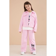 Cansın Mini Açık Pembe Cep Detaylı Ceketli Baskılı Tişörtlü Kız Çocuk 3lü Pantolonlu Takım 23592