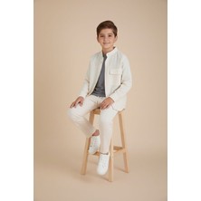 Cansın Mini Krem Keten Gömlekli Pantolonlu Erkek Çocuk 3lü Alt Üst Takım  23573