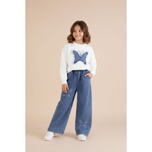 Cansın Mini Ekru Kelebek Nakışlı Badili Jean Pantolonlu Kız Çocuk 2li Takım 23413