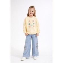 Cansın Mini Krem Çiçek Nakışlı Badili Jean Pantolonlu Kız Çocuk Takımı 23515