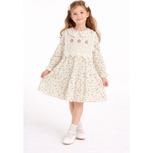 Cansın Mini Kahverengi Çiçek Desenli Nakışlı Süveterli Kız Çocuk Müslin Elbise  23580