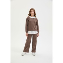 Cansın Mini Kahverengi Taş Detaylı  Pantolonlu Kız Çocuk 3lü Gömlekli Takım 23626