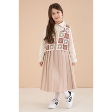Cansın Mini Kahverengi Çiçek Desen Örgü Süveterli Gömlekli Kız Çocuk Etekli 3lü Takım  23583