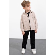 Cansın Mini Bej Yazılı Düğmeli Gömlekli Erkek Çocuk Pantolonlu 3lü Takım  23373
