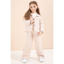 Cansın Mini Bej Taşlı Yıldız Nakışlı Jean Ceketli 3lü Pantolonlu Kız Takım 23438
