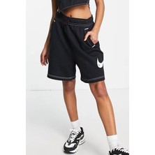 Nike Swoosh Contrast Stitch Fleece High Rise Loose Fit Shorts Kadın Yüksek Bel Bol Kesim Şort Siyah