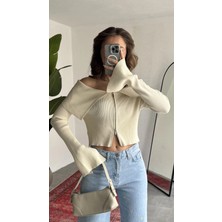 Asfa Moda Kadın Krem Fitilli Triko Hırka Çift Fermuarlı Madonna Yaka Basic Şık Uzun Kollu