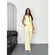 Boom Bester Kadın Premium Keten Beli Lastikli Palazzo Pantolon - Astarlı Rahat Kesim Bol Paça Yazlık Palazzo