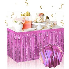 Ett Kendinden Yapışkanlı Pembe Metalize Püsküllü Masa Eteği - 75 x 275 cm Parti Süslemesi