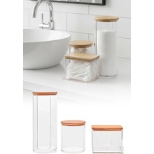 Omilife Ahşap Kapaklı Akrilik Kulak Pamuğu Pamuk Diş Ipi Organizeri Banyo Seti Şeffaf Organizer Pamukluk