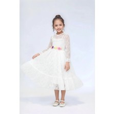Lovrel Kız Çocuk Dantelli Elbise Uzun Kollu Çiçek Detaylı Tüllü Özel Gün Elbisesi