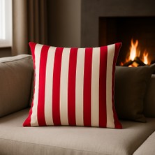 Uğur Home Kırmızı-Beyaz Modern Çizgili Dekoratif Kırlent Kılıfı | Duck Kumaş 43X43CM - Ivory